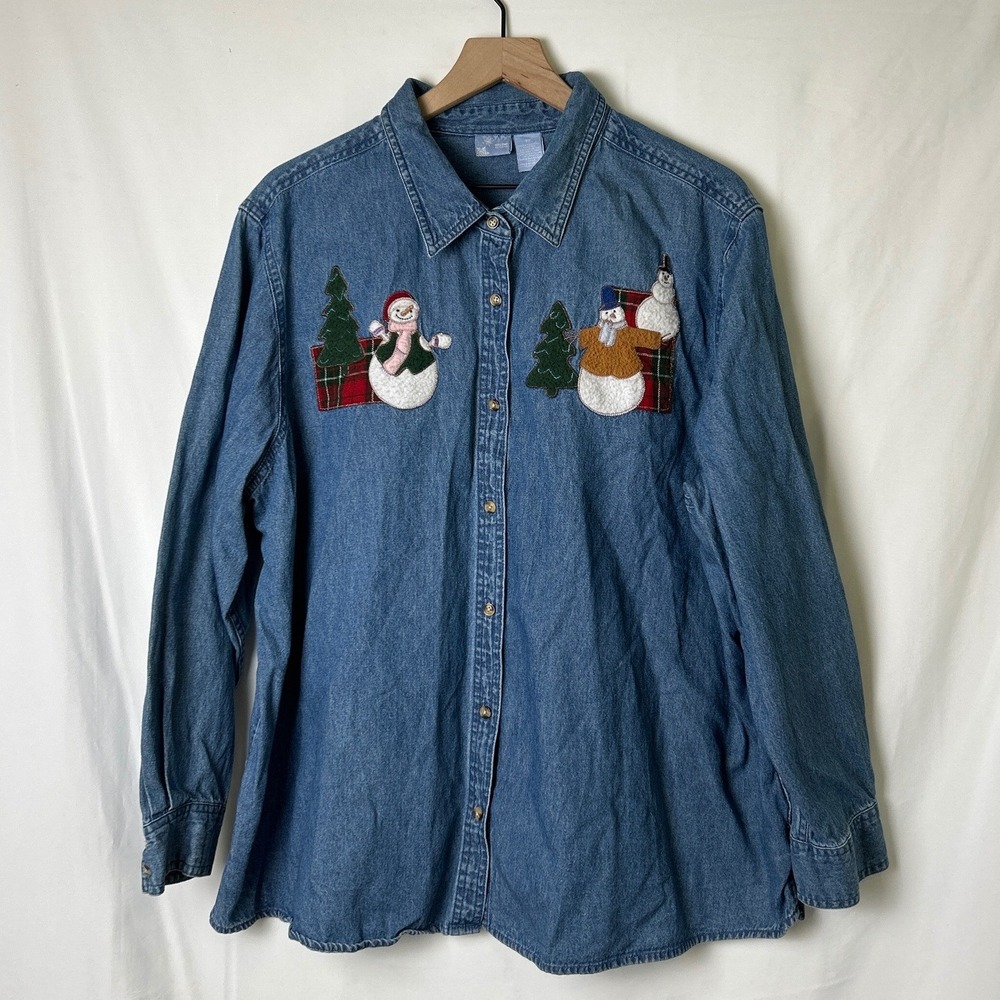 Holiday Editions Womens Snowman Embroidered Denim Button Down Shirt Size 2X Blue